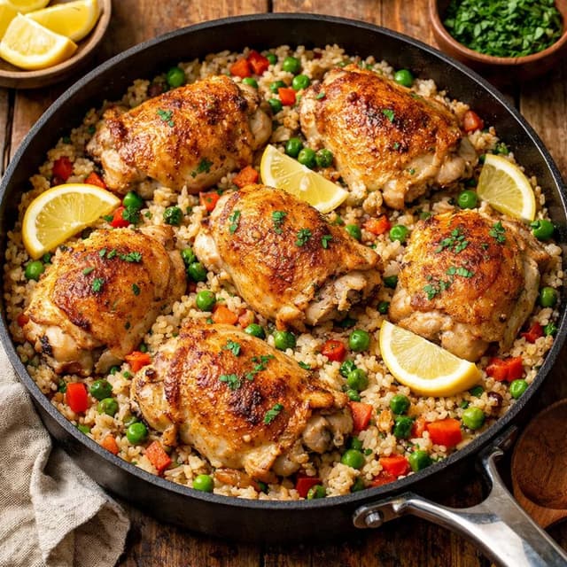 One Pan Chicken and Rice with Lemon and Herbs