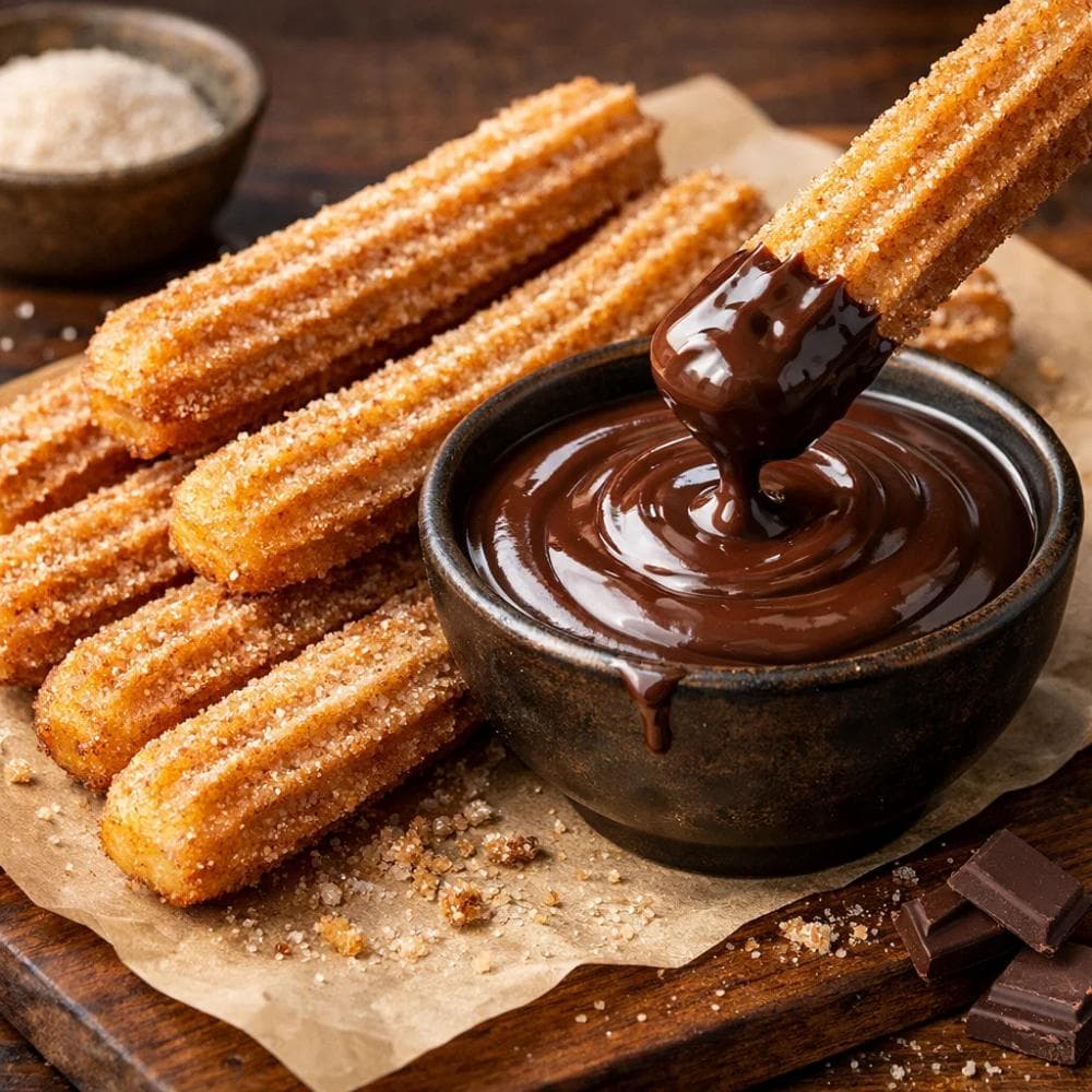 Churros with Chocolate Dipping Sauce (Spanish Street Food)