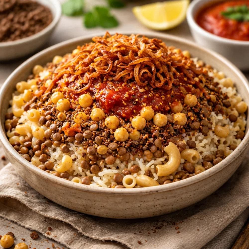 Egyptian Koshari (Lentils, Rice, and Pasta Bowl)